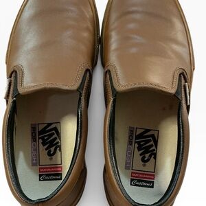 Vans Brown Leather Skateboard Slip-Ons with Gum Sole & Popcush insole. Size 8.5